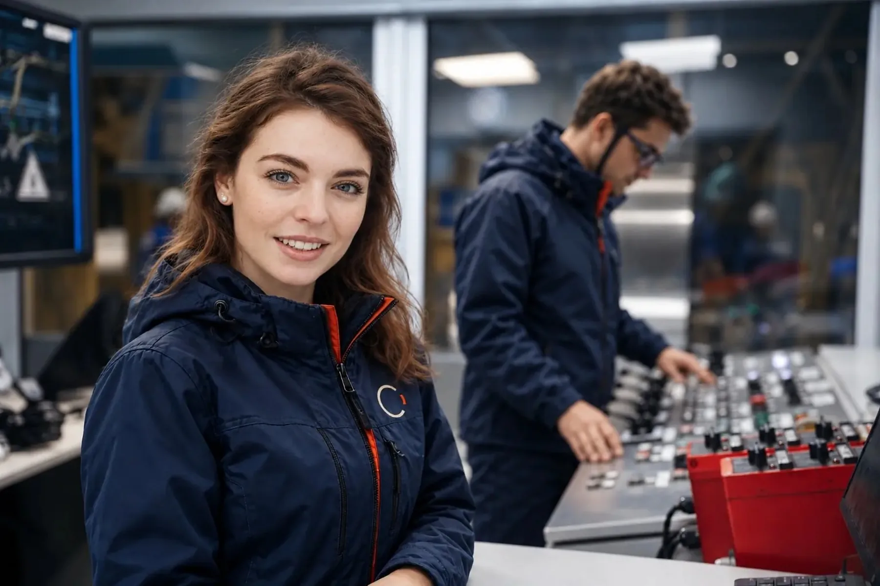 Kontrol panelinin başında Cervoi ceketli iki mühendis